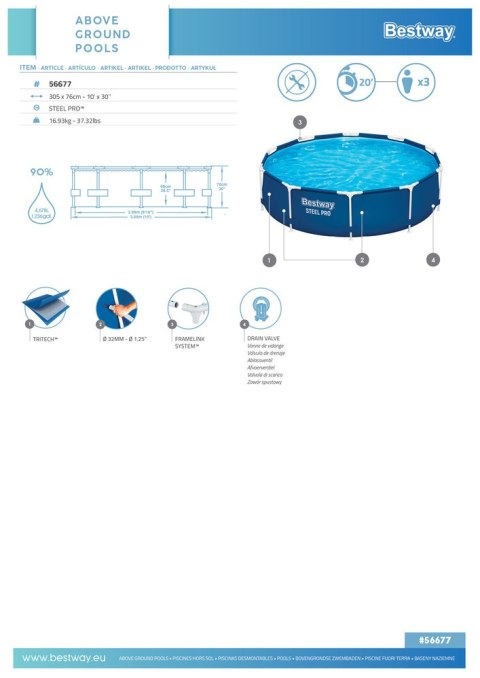 Basen Ogrodowy Stelażowy 305 x 76 cm Bestway 56677 Basen Ogrodowy Stelażowy 305 x 76 cm Bestway 56677