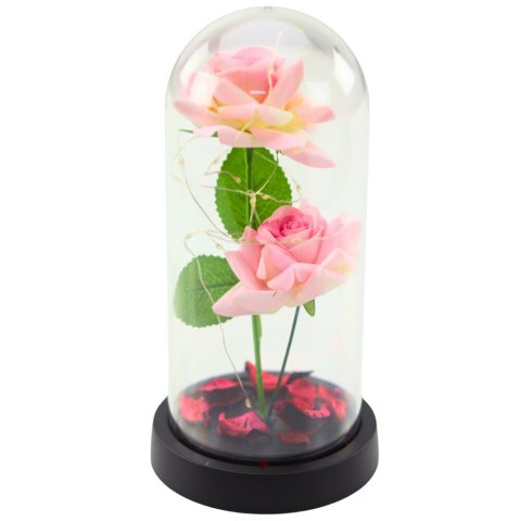 Wieczne Róże w Kopule z Oświetleniem LED i Płatkami Róż Różowe 21x11cm