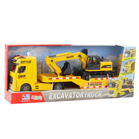 Zestaw Ciężarówka Laweta Koparka Gąsienicowa Światła Dźwięki Żółta