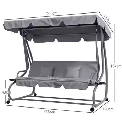 Huśtawka Czteroosobowa Ogrodowa Bujana Daszek Wolnostojąca Szara
