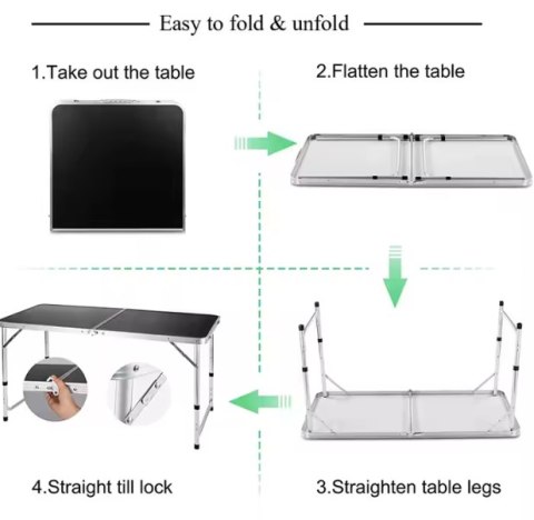 Stół Turystyczny Kempingowy Składany Regulowany Aluminiowy Czarny 120x60cm
