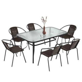 Zestaw Mebli Ogrodowych Tarasowych Szklany Stół 150x90 Krzesła 6szt Brąz