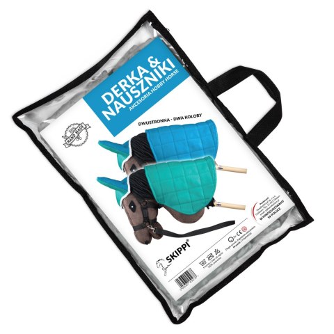 Skippi Zestaw Skippi - Hobby Horse Gniady - Derka i nauszniki - mięta i niebieski