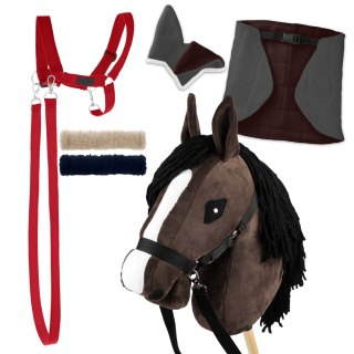 Skippi Zestaw Skippi - Hobby Horse Gniady - Derka szary i brąz - Kantar czerwony